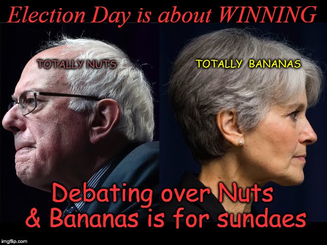 Bernie Sanders & Jill Stein | Election Day is about WINNING; TOTALLY NUTS; TOTALLY  BANANAS; Debating over Nuts & Bananas is for sundaes | image tagged in bernie sanders  jill stein | made w/ Imgflip meme maker