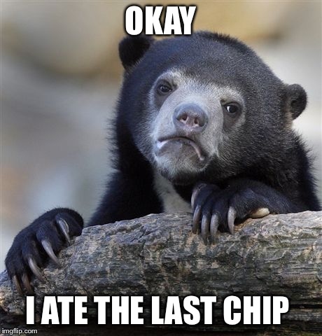 Confession Bear | OKAY; I ATE THE LAST CHIP | image tagged in memes,confession bear | made w/ Imgflip meme maker