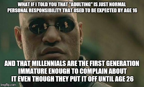 Matrix Morpheus Meme | WHAT IF I TOLD YOU THAT "ADULTING" IS JUST NORMAL PERSONAL RESPONSIBILITY THAT USED TO BE EXPECTED BY AGE 16; AND THAT MILLENNIALS ARE THE FIRST GENERATION IMMATURE ENOUGH TO COMPLAIN ABOUT IT EVEN THOUGH THEY PUT IT OFF UNTIL AGE 26 | image tagged in memes,matrix morpheus | made w/ Imgflip meme maker