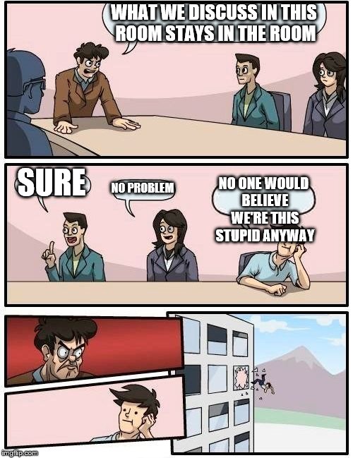 I wouldn't want others to know | WHAT WE DISCUSS IN THIS ROOM STAYS IN THE ROOM; SURE; NO ONE WOULD BELIEVE WE'RE THIS STUPID ANYWAY; NO PROBLEM | image tagged in memes,boardroom meeting suggestion | made w/ Imgflip meme maker