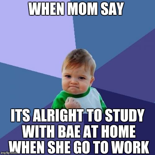 Success Kid | WHEN MOM SAY; ITS ALRIGHT TO STUDY WITH BAE AT HOME WHEN SHE GO TO WORK | image tagged in memes,success kid | made w/ Imgflip meme maker