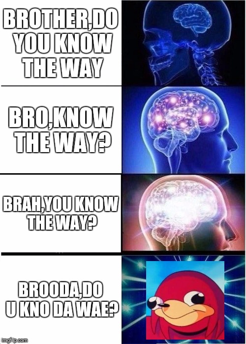 Expanding Brain Meme | BROTHER,DO YOU KNOW THE WAY; BRO,KNOW THE WAY? BRAH,YOU KNOW THE WAY? BROODA,DO U KNO DA WAE? | image tagged in memes,expanding brain | made w/ Imgflip meme maker