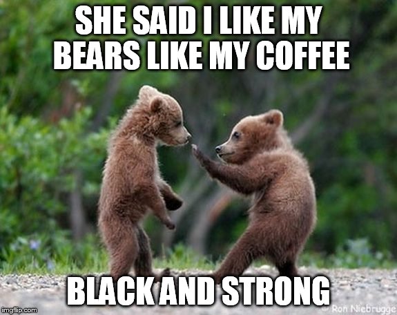 self defence bear | SHE SAID I LIKE MY BEARS LIKE MY COFFEE; BLACK AND STRONG | image tagged in self defence bear | made w/ Imgflip meme maker