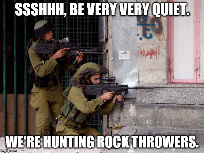 IDF | SSSHHH, BE VERY VERY QUIET. WE'RE HUNTING ROCK THROWERS. | image tagged in idf | made w/ Imgflip meme maker