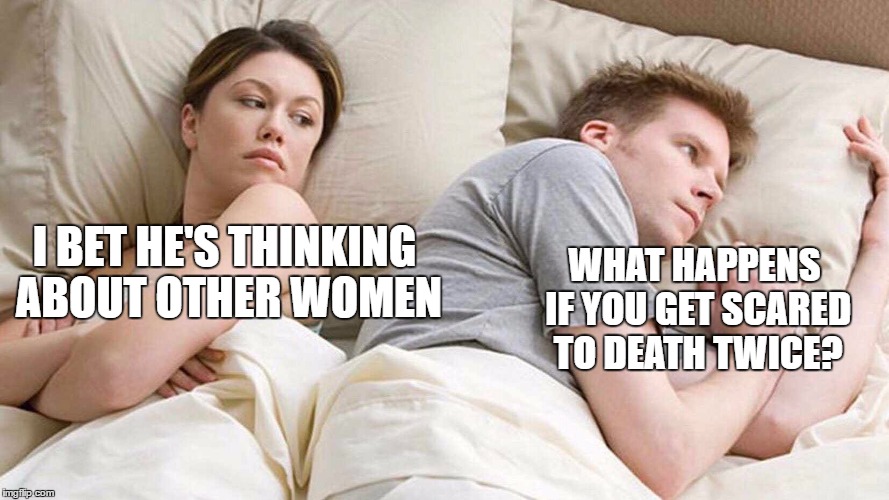 I Bet He's Thinking About Other Women |  I BET HE'S THINKING ABOUT OTHER WOMEN; WHAT HAPPENS IF YOU GET SCARED TO DEATH TWICE? | image tagged in i bet he's thinking about other women | made w/ Imgflip meme maker