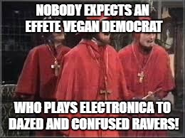 Spanish Inquisition | NOBODY EXPECTS AN EFFETE VEGAN DEMOCRAT; WHO PLAYS ELECTRONICA TO DAZED AND CONFUSED RAVERS! | image tagged in spanish inquisition | made w/ Imgflip meme maker