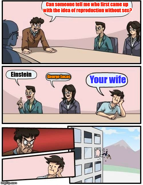Today's subject: Asexual Reproduction | Can someone tell me who first came up with the idea of reproduction without sex? Einstein; George Lucas; Your wife | image tagged in memes,boardroom meeting suggestion,war games scene,hardy har hario,movie line meme | made w/ Imgflip meme maker