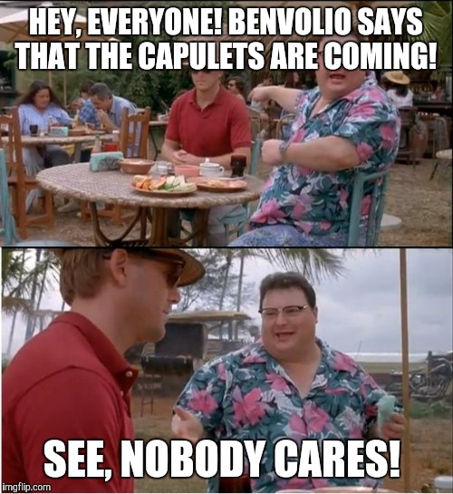 "By my head, here come the Capulets!" ... "By my heel, I care not." | HEY, EVERYONE! BENVOLIO SAYS THAT THE CAPULETS ARE COMING! SEE, NOBODY CARES! | image tagged in memes,see nobody cares | made w/ Imgflip meme maker