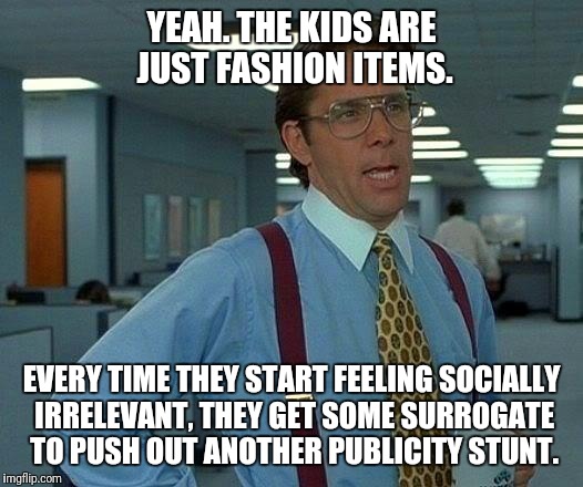 That Would Be Great Meme | YEAH. THE KIDS ARE JUST FASHION ITEMS. EVERY TIME THEY START FEELING SOCIALLY IRRELEVANT, THEY GET SOME SURROGATE TO PUSH OUT ANOTHER PUBLIC | image tagged in memes,that would be great | made w/ Imgflip meme maker