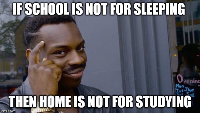 Roll Safe Think About It Meme | IF SCHOOL IS NOT FOR SLEEPING; THEN HOME IS NOT FOR STUDYING | image tagged in memes,roll safe think about it | made w/ Imgflip meme maker