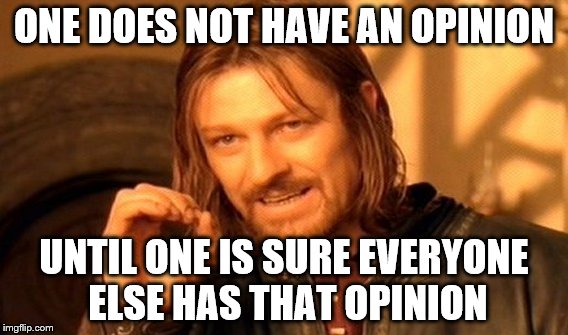 One Does Not Simply Meme | ONE DOES NOT HAVE AN OPINION UNTIL ONE IS SURE EVERYONE ELSE HAS THAT OPINION | image tagged in memes,one does not simply | made w/ Imgflip meme maker