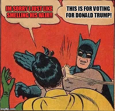 Batman Slapping Robin Meme | IM SORRY I JUST LIKE SMELLING HIS HAIR!! THIS IS FOR VOTING FOR DONALD TRUMP! | image tagged in memes,batman slapping robin | made w/ Imgflip meme maker