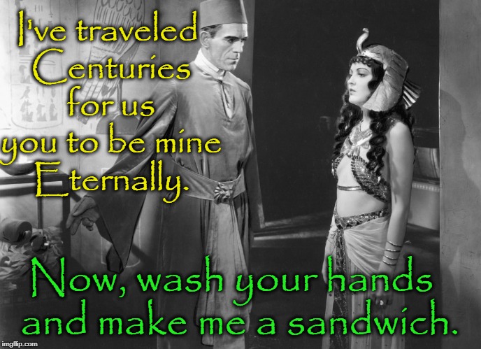The Curse of the Mummy | I've traveled Centuries for us you to be mine Eternally. Now, wash your hands  and make me a sandwich. | image tagged in vince vance,the mummy,boris karloff,ancient egypt,the pyramids,nice asp | made w/ Imgflip meme maker