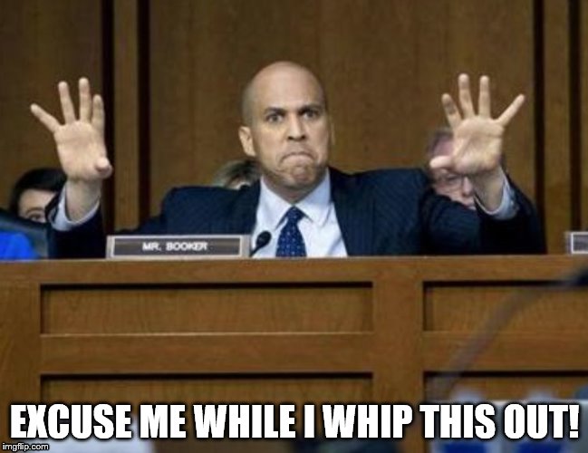 Cory Booker's blazing saddles moment | EXCUSE ME WHILE I WHIP THIS OUT! | image tagged in comedy,politics | made w/ Imgflip meme maker