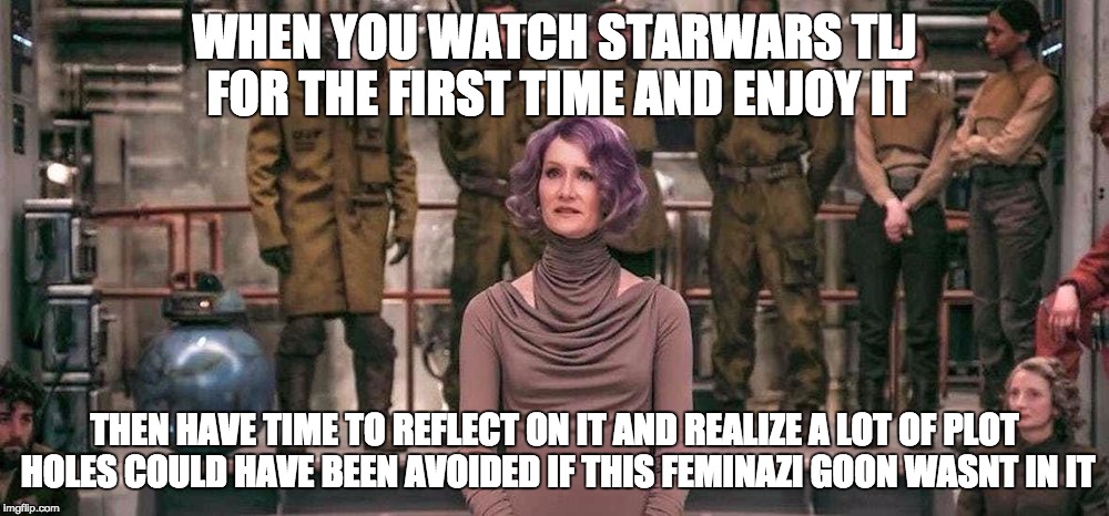 Laura Dern Star Wars The Last Jedi | WHEN YOU WATCH STARWARS TLJ FOR THE FIRST TIME AND ENJOY IT; THEN HAVE TIME TO REFLECT ON IT AND REALIZE A LOT OF PLOT HOLES COULD HAVE BEEN AVOIDED IF THIS FEMINAZI GOON WASNT IN IT | image tagged in laura dern star wars the last jedi | made w/ Imgflip meme maker
