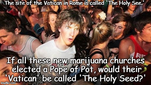sudden realization ralph | The site of the Vatican in Rome is called 'The Holy See.'; If all these new marijuana churches elected a Pope of Pot, would their 'Vatican' be called 'The Holy Seed?' | image tagged in sudden realization ralph | made w/ Imgflip meme maker