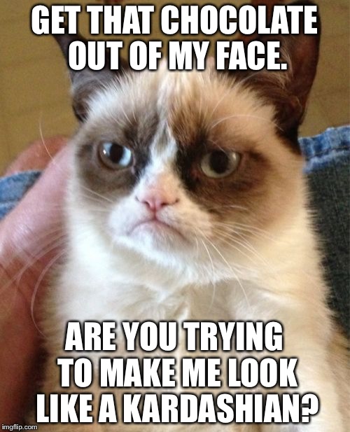 Stuff that chocolate | GET THAT CHOCOLATE OUT OF MY FACE. ARE YOU TRYING TO MAKE ME LOOK LIKE A KARDASHIAN? | image tagged in memes,grumpy cat,chocolate,valentine's day,kim kardashian,fat | made w/ Imgflip meme maker