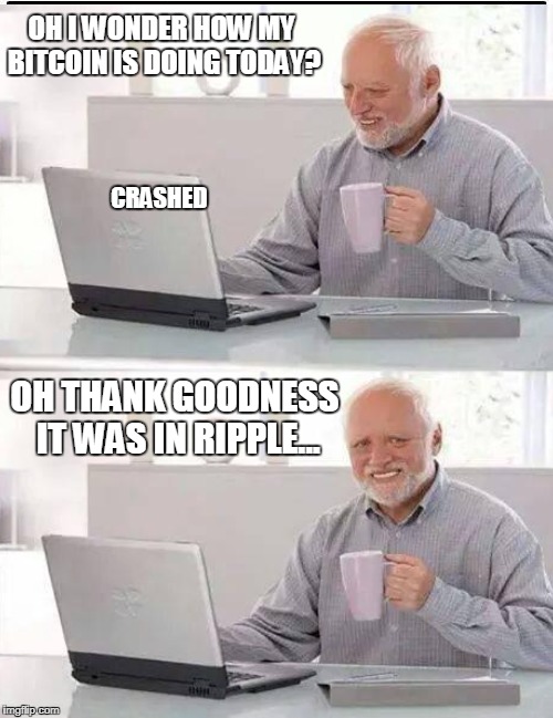 OH I WONDER HOW MY BITCOIN IS DOING TODAY? OH THANK GOODNESS IT WAS IN RIPPLE... CRASHED | made w/ Imgflip meme maker