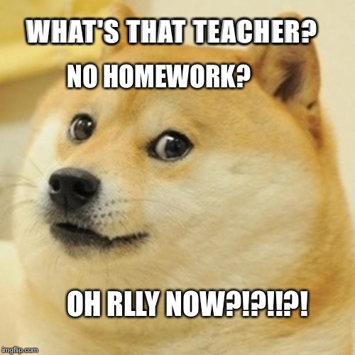 Doge Meme | WHAT'S THAT TEACHER? NO HOMEWORK? OH RLLY NOW?!?!!?! | image tagged in memes,doge | made w/ Imgflip meme maker