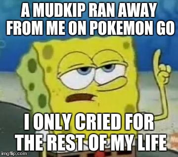 I'll Have You Know Spongebob Meme | A MUDKIP RAN AWAY FROM ME ON POKEMON GO; I ONLY CRIED FOR THE REST OF MY LIFE | image tagged in memes,ill have you know spongebob | made w/ Imgflip meme maker