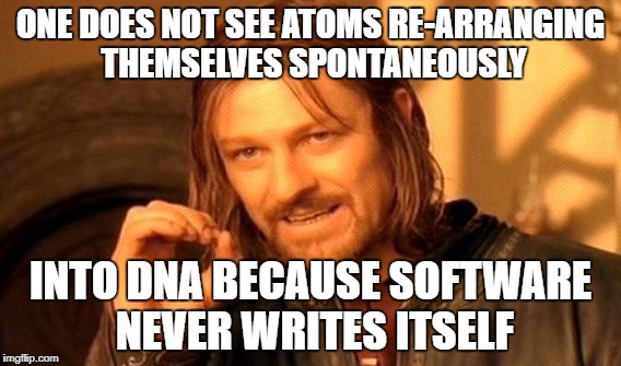 One Does Not Simply Meme | ONE DOES NOT SEE ATOMS RE-ARRANGING THEMSELVES SPONTANEOUSLY; INTO DNA BECAUSE SOFTWARE NEVER WRITES ITSELF | image tagged in memes,one does not simply | made w/ Imgflip meme maker