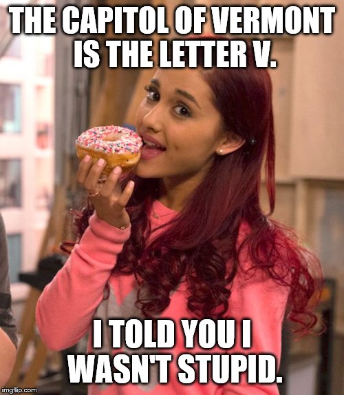 Ariana Grande Donut | THE CAPITOL OF VERMONT IS THE LETTER V. I TOLD YOU I WASN'T STUPID. | image tagged in ariana grande donut | made w/ Imgflip meme maker