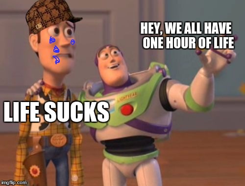 X, X Everywhere Meme | HEY, WE ALL HAVE  ONE HOUR OF LIFE; LIFE SUCKS | image tagged in memes,x x everywhere,scumbag | made w/ Imgflip meme maker