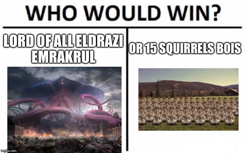 Who Would Win? Meme | OR 15 SQUIRRELS BOIS; LORD OF ALL ELDRAZI EMRAKRUL | image tagged in memes,who would win | made w/ Imgflip meme maker