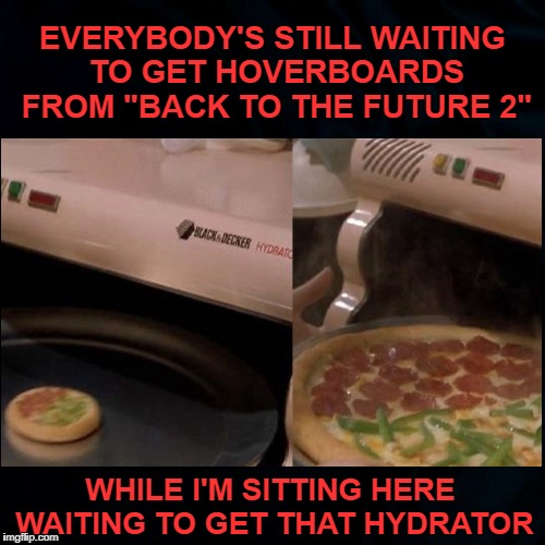 Faster than a microwave. | EVERYBODY'S STILL WAITING TO GET HOVERBOARDS FROM "BACK TO THE FUTURE 2"; WHILE I'M SITTING HERE WAITING TO GET THAT HYDRATOR | image tagged in funny memes,hoverboard,hydrator,back to the future 2015 | made w/ Imgflip meme maker