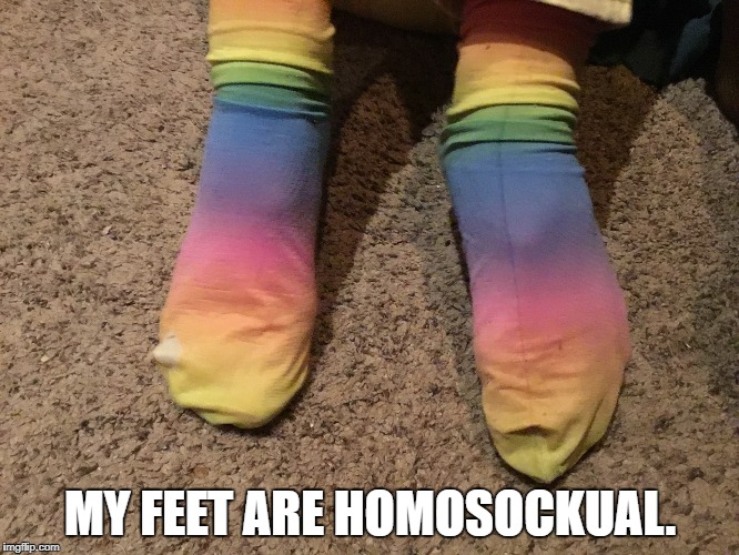 My new favorite socks!  | MY FEET ARE HOMOSOCKUAL. | image tagged in puns,bad pun,homosexual,gay | made w/ Imgflip meme maker