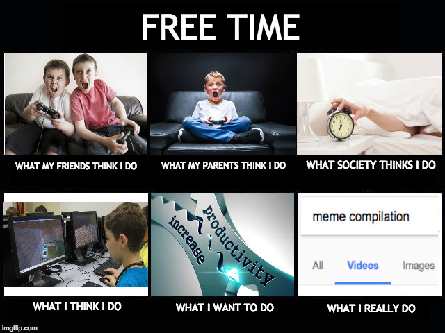 My Free Time | FREE TIME; WHAT SOCIETY THINKS I DO; WHAT MY PARENTS THINK I DO; WHAT MY FRIENDS THINK I DO; WHAT I REALLY DO; WHAT I THINK I DO; WHAT I WANT TO DO | image tagged in what i really do,free time,what people think i do,memes | made w/ Imgflip meme maker