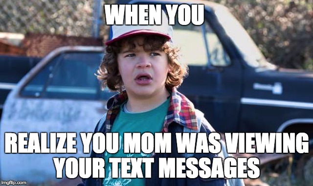 Dustin Stranger Things | WHEN YOU; REALIZE YOU MOM WAS VIEWING YOUR TEXT MESSAGES | image tagged in dustin stranger things | made w/ Imgflip meme maker