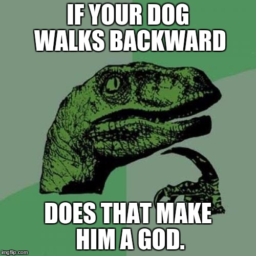 Philosoraptor Meme | IF YOUR DOG WALKS BACKWARD; DOES THAT MAKE HIM A GOD. | image tagged in memes,philosoraptor | made w/ Imgflip meme maker