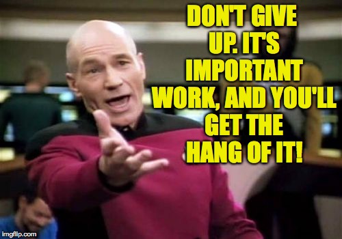 Picard Wtf Meme | DON'T GIVE UP. IT'S IMPORTANT WORK, AND YOU'LL GET THE HANG OF IT! | image tagged in memes,picard wtf | made w/ Imgflip meme maker