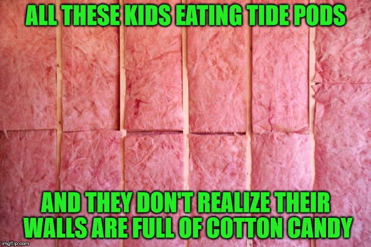 Every Kid Loves Cotton Candy |  ALL THESE KIDS EATING TIDE PODS; AND THEY DON'T REALIZE THEIR WALLS ARE FULL OF COTTON CANDY | image tagged in insulation,memes,tide pods,cotton candy,what if i told you | made w/ Imgflip meme maker