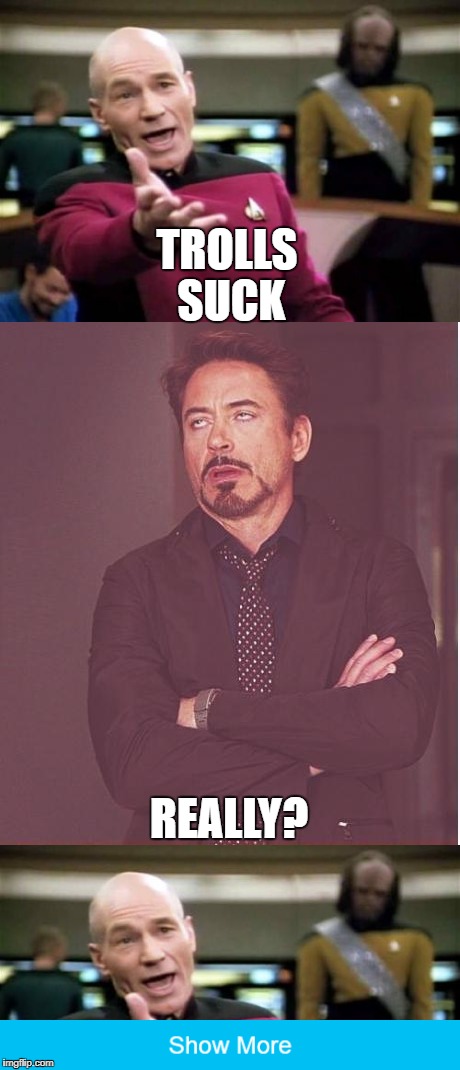 trolls | TROLLS SUCK; REALLY? | image tagged in troll,picard wtf,face you make robert downey jr,memes,funny,idk | made w/ Imgflip meme maker