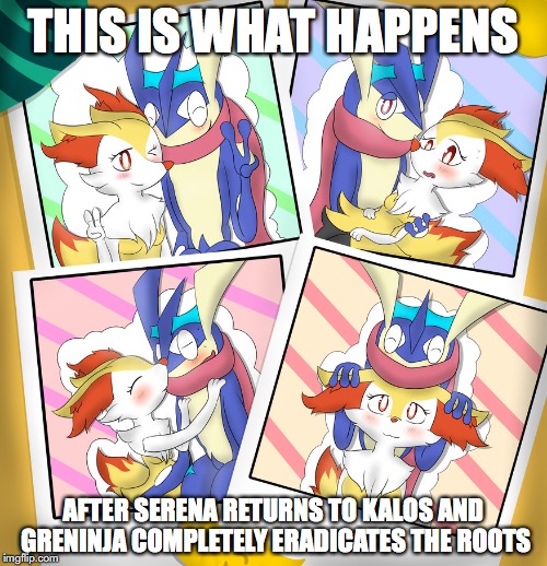 Insectivoreshipping Photo Booth | THIS IS WHAT HAPPENS; AFTER SERENA RETURNS TO KALOS AND GRENINJA COMPLETELY ERADICATES THE ROOTS | image tagged in insectivoreshipping,greninja,braixen,pokemon,memes | made w/ Imgflip meme maker