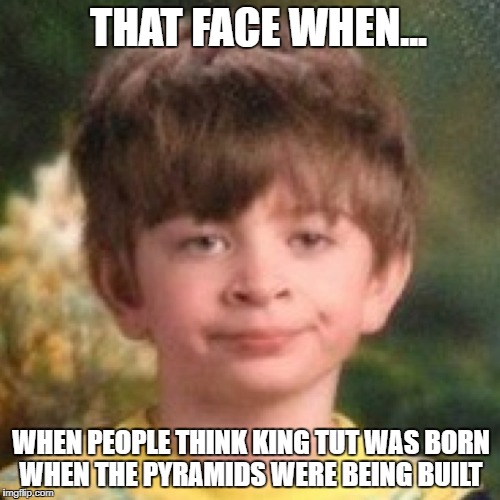Annoyed face | THAT FACE WHEN... WHEN PEOPLE THINK KING TUT WAS BORN WHEN THE PYRAMIDS WERE BEING BUILT | image tagged in annoyed face | made w/ Imgflip meme maker