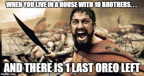 Sparta Leonidas Meme | WHEN YOU LIVE IN A HOUSE WITH 10 BROTHERS. . . AND THERE IS 1 LAST OREO LEFT | image tagged in memes,sparta leonidas | made w/ Imgflip meme maker