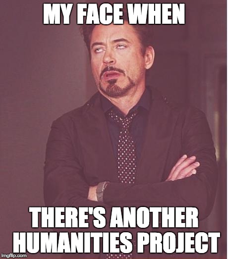 Face You Make Robert Downey Jr Meme | MY FACE WHEN; THERE'S ANOTHER HUMANITIES PROJECT | image tagged in memes,face you make robert downey jr | made w/ Imgflip meme maker