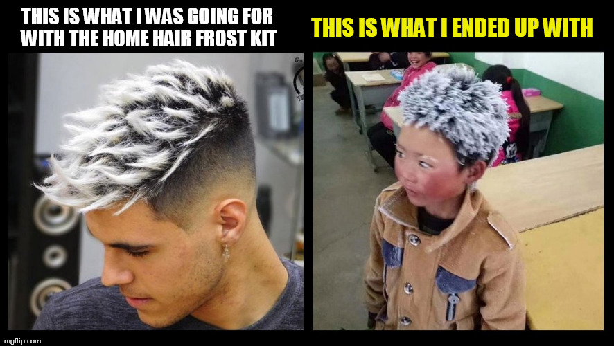 Ice Boy | THIS IS WHAT I ENDED UP WITH; THIS IS WHAT I WAS GOING FOR WITH THE HOME HAIR FROST KIT | image tagged in frost,bad hair day,hairstyle,bleach,blonde,chinese | made w/ Imgflip meme maker