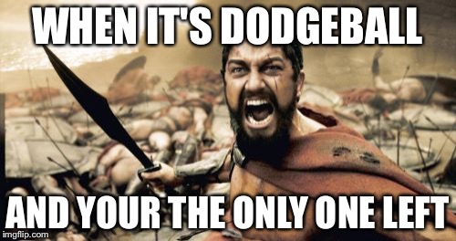 Sparta Leonidas | WHEN IT'S DODGEBALL; AND YOUR THE ONLY ONE LEFT | image tagged in memes,sparta leonidas | made w/ Imgflip meme maker