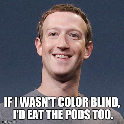 Mark Zuckerberg | IF I WASN'T COLOR BLIND, I'D EAT THE PODS TOO. | image tagged in mark zuckerberg,color,blind,tide pods | made w/ Imgflip meme maker
