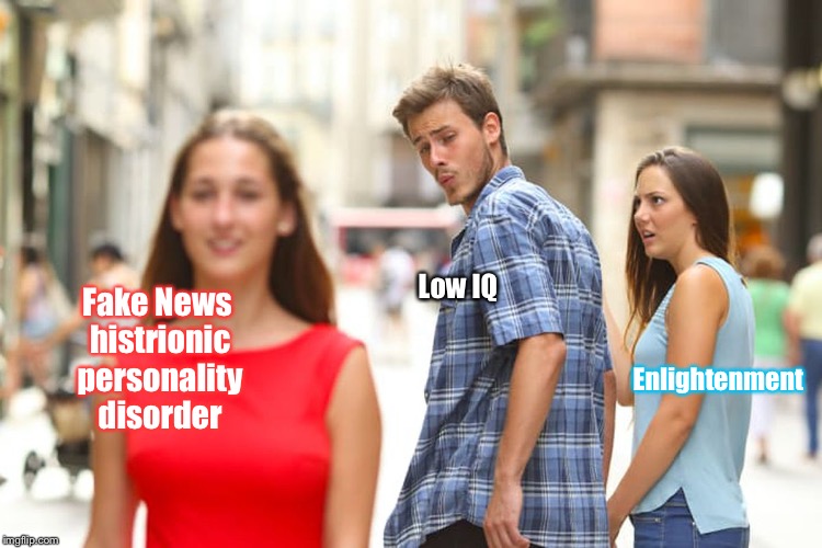 Distracted Boyfriend Meme | Low IQ; Fake News histrionic personality disorder; Enlightenment | image tagged in memes,distracted boyfriend | made w/ Imgflip meme maker