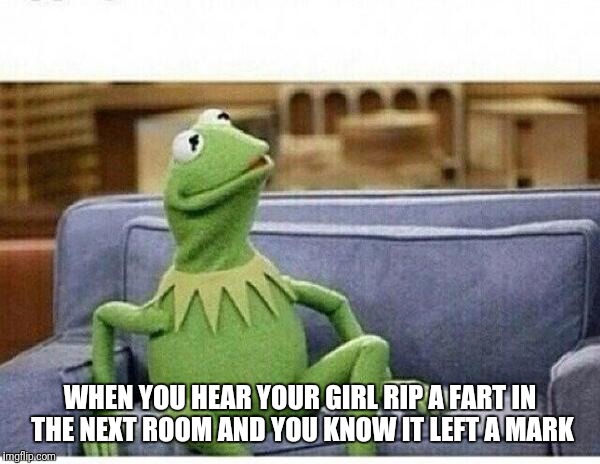 KERMIT | WHEN YOU HEAR YOUR GIRL RIP A FART IN THE NEXT ROOM AND YOU KNOW IT LEFT A MARK | image tagged in kermit,fart | made w/ Imgflip meme maker