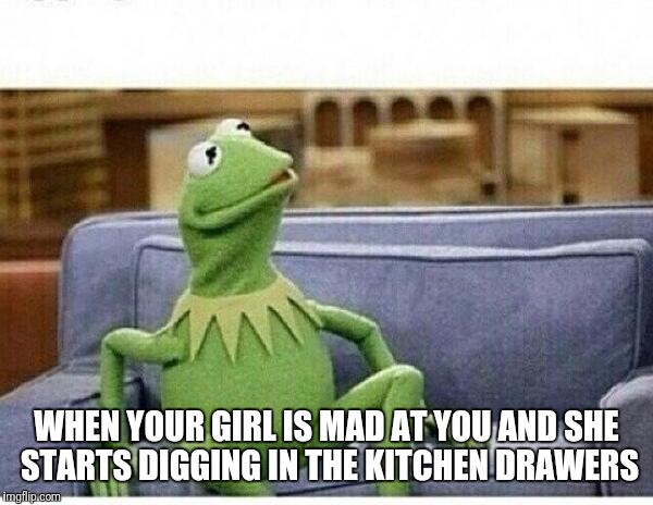 KERMIT | WHEN YOUR GIRL IS MAD AT YOU AND SHE STARTS DIGGING IN THE KITCHEN DRAWERS | image tagged in kermit,girlfriend,knives | made w/ Imgflip meme maker