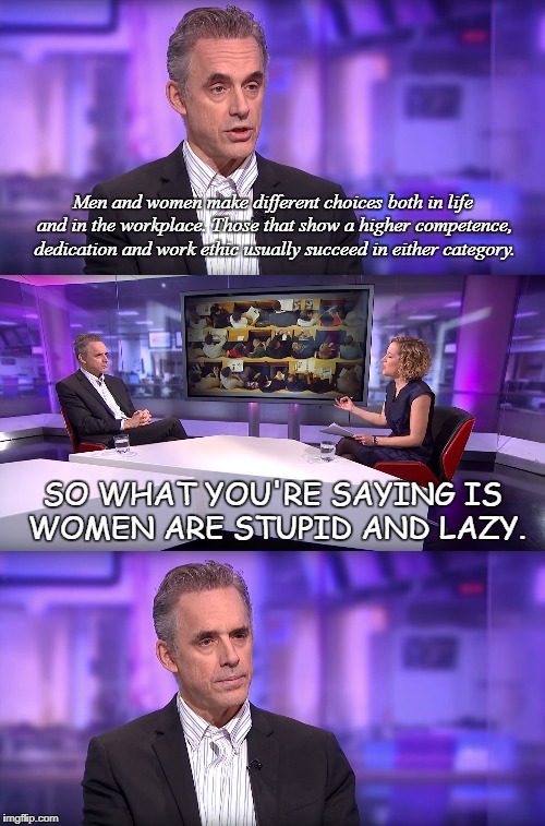So what you're saying is... | Men and women make different choices both in life and in the workplace. Those that show a higher competence, dedication and work ethic usually succeed in either category. SO WHAT YOU'RE SAYING IS WOMEN ARE STUPID AND LAZY. | image tagged in feminist,jordan,interview,women,lazy,stupid | made w/ Imgflip meme maker