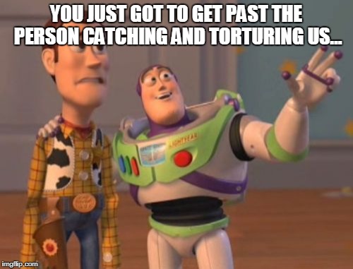 X, X Everywhere Meme | YOU JUST GOT TO GET PAST THE PERSON CATCHING AND TORTURING US... | image tagged in memes,x x everywhere | made w/ Imgflip meme maker