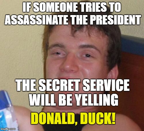 10 Guy Meme | IF SOMEONE TRIES TO ASSASSINATE THE PRESIDENT THE SECRET SERVICE WILL BE YELLING DONALD, DUCK! | image tagged in memes,10 guy | made w/ Imgflip meme maker