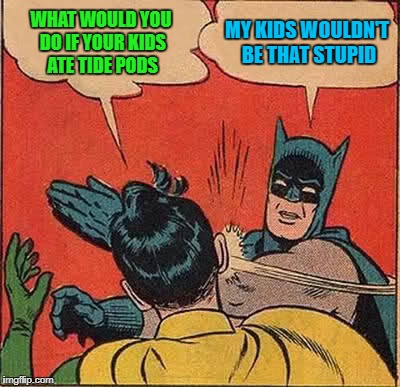 If you question the kids, you need look no further than their parents! | WHAT WOULD YOU DO IF YOUR KIDS ATE TIDE PODS; MY KIDS WOULDN'T BE THAT STUPID | image tagged in memes,batman slapping robin,tide pods,funny,idiots,eating soap | made w/ Imgflip meme maker